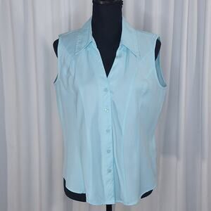Dress Barn Sleeveless Blue Blouse Button Up Large Rayon Blend Collared Office